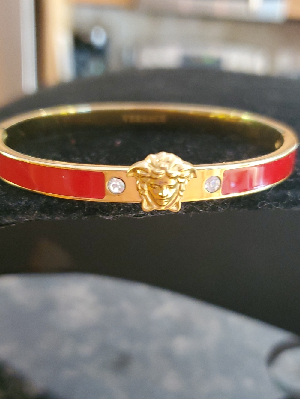 Versace Red Enamel Medusa Bangle with Crystal Accents
